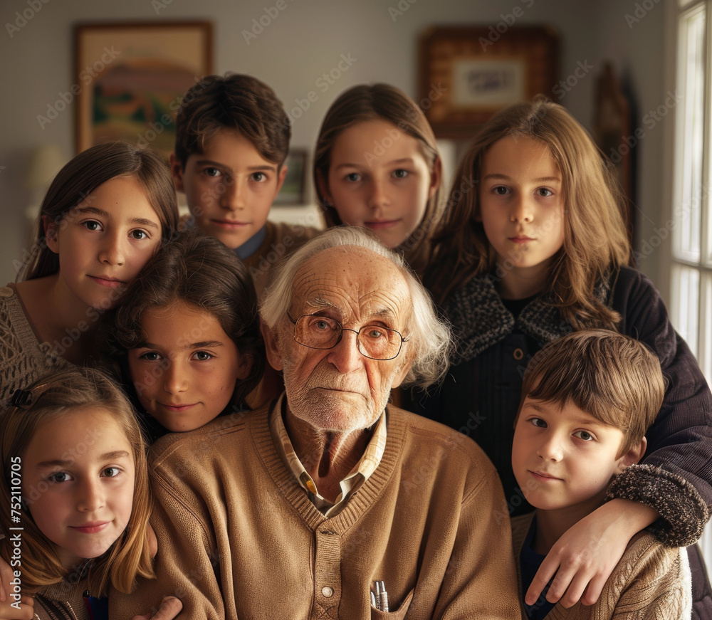 A family portrait of grandpa with grandchildren indoors, Warm tones, natural lighting, family harmony A family portrait of grandpa with grandchildren indoors, Warm tones, natural lighting, family harmony