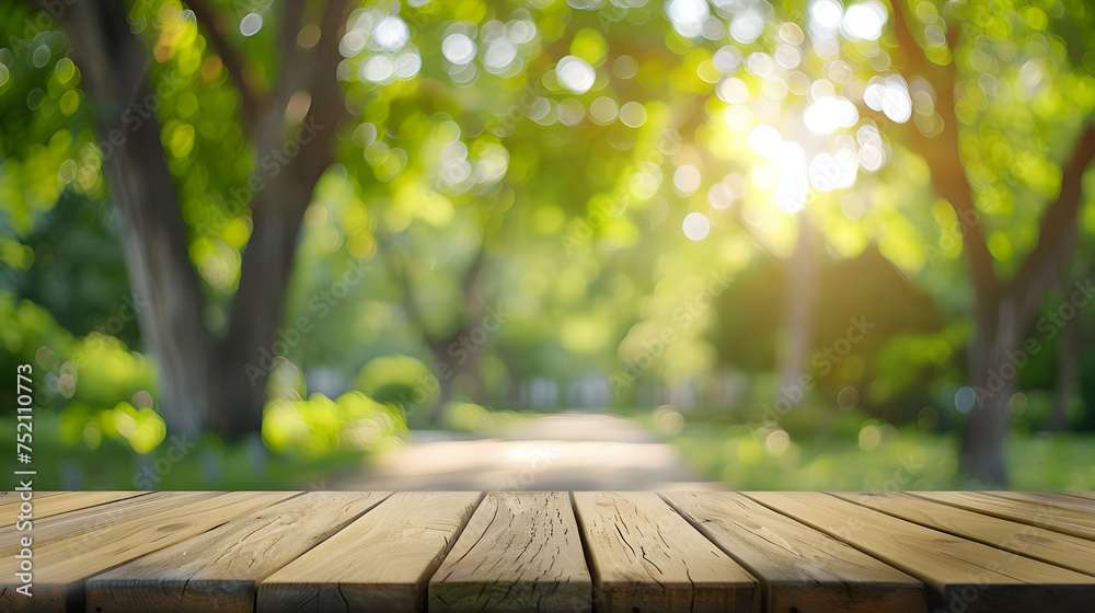 empty space on a wooden table for your product on an abstract green sunny background , empty space on a wooden table for your product on an abstract green sunny background ,