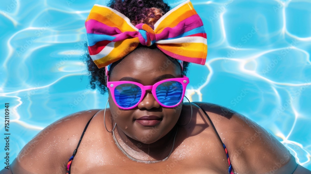 Naklejka premium Plus Size African American Woman Enjoying Poolside Summer Vibes