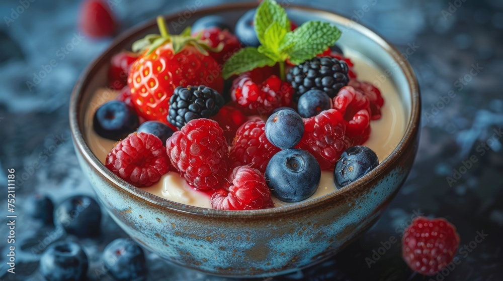 blueberry raspberry blackberry smoothie bowl, green, garnish, strawberry, fresh, healthy