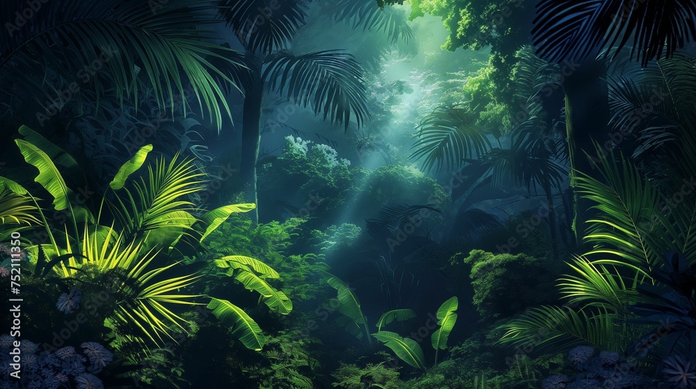 Enchanted nighttime jungle filled with mystery and magic.