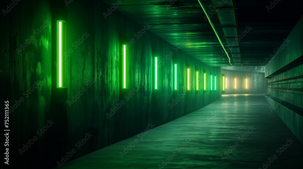 Green neon warning lights at night.