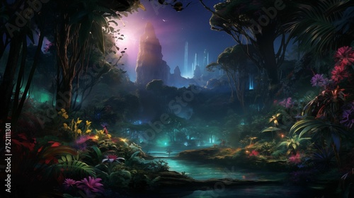 Enchanted nighttime jungle filled with mystery and magic. © kept