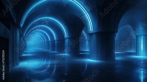 Empty underground space in a blue light.