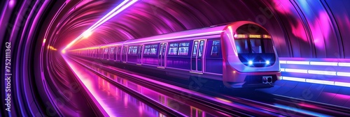 Fast underground subway train racing through neon-lit tunnels.