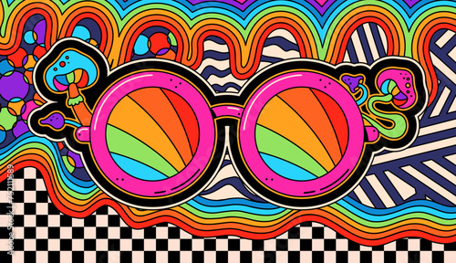 Surreal groovy psychedelic sunglasses with mushrooms - coloring print.