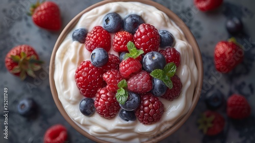 blueberry raspberry smoothie bowl, green garnish, fresh healthy