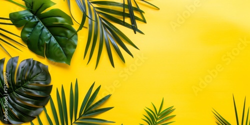 Vibrant yellow backdrop with tropical greenery, bright and minimalist.
