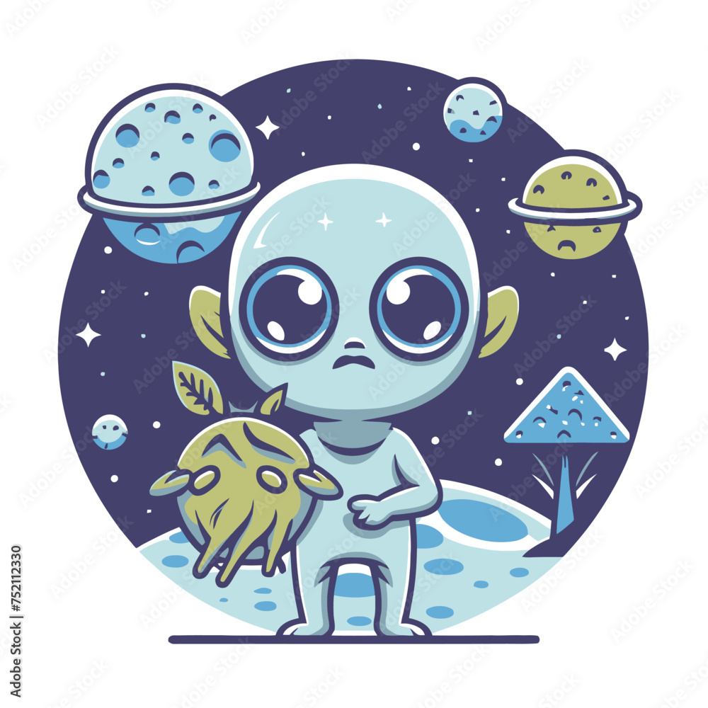 Naklejka premium 2d vector illustration chibi cute alien, holding sphere earth plant , full body , clean shape and line, white background, random moon background 