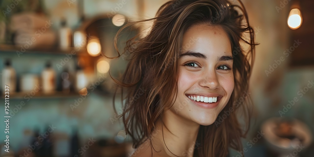 Happy woman enjoying a haircut at a salon beaming with satisfaction. Concept Salon Experience, Hair Transformation, Client Satisfaction Happy woman enjoying a haircut at a salon beaming with satisfaction. Concept Salon Experience, Hair Transformation, Client Satisfaction