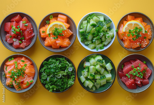 Different types of vegetables on yellow background. Created with AI