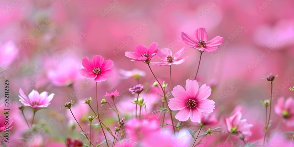 Delicate pink cosmos flowers blossom in a dreamy field, exuding tranquility.