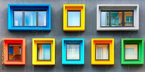 Colorful building facade with multicolored windows framed in blue, yellow, orange, red, and green, showcasing modern architecture and design.