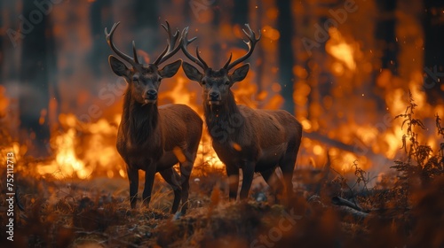 Barren ground Caribou and a fawn face a forest fire in a dark landscape