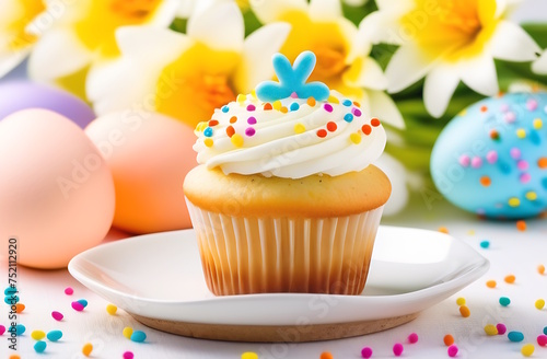 sweet and tasty Easter cupcakes decorated with colorful sprinkles end candy eggs. Happy Easter and spring holiday concept. Shallow depth of field