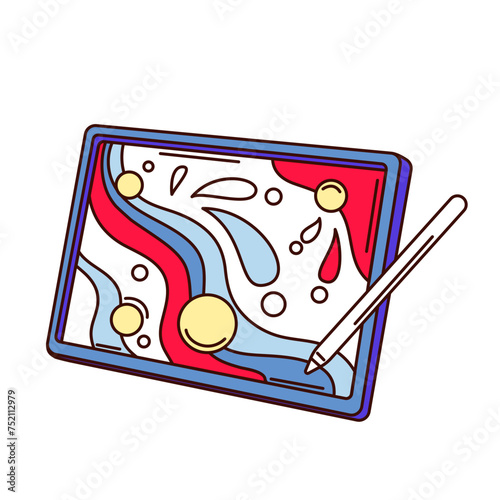 Groovy cartoon graphics tablet and stylus. Funny retro tablet with horizontal display and abstract space on screen, digital design mascot, cartoon sticker of 70s 80s style vector illustration
