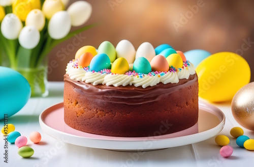 sweet and tasty Easter cupcakes decorated with colorful sprinkles end candy eggs. Happy Easter and spring holiday concept. Shallow depth of field
