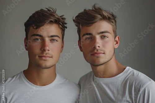 Portrait of two young twin men on a studio background. The brothers pose and look at the camera. National Siblings Day. Concept family and relationship