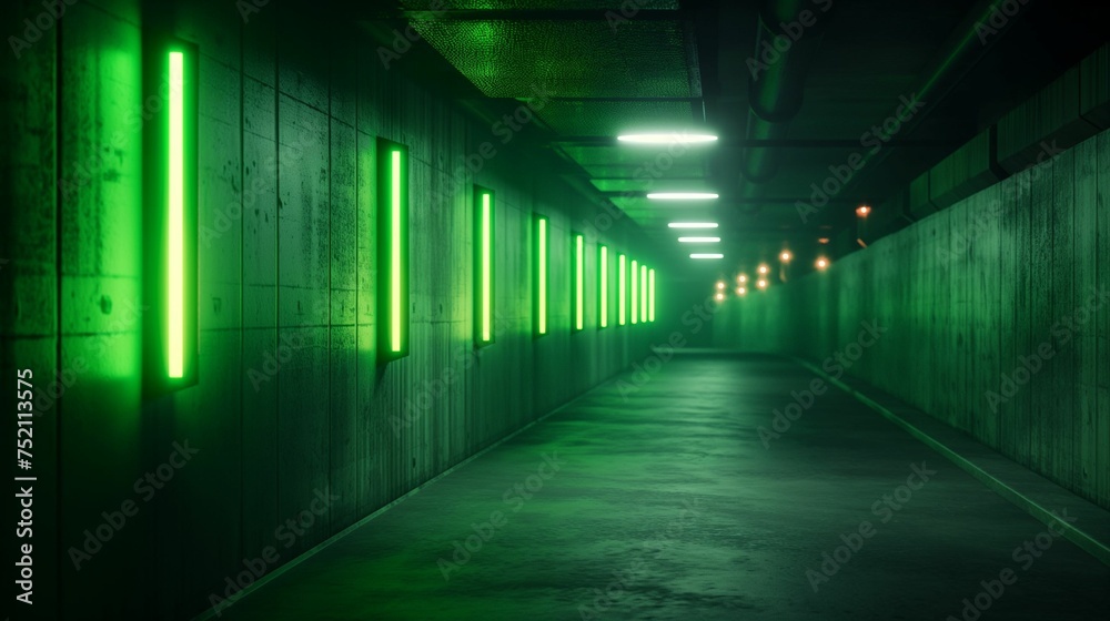Green neon warning lights at night.