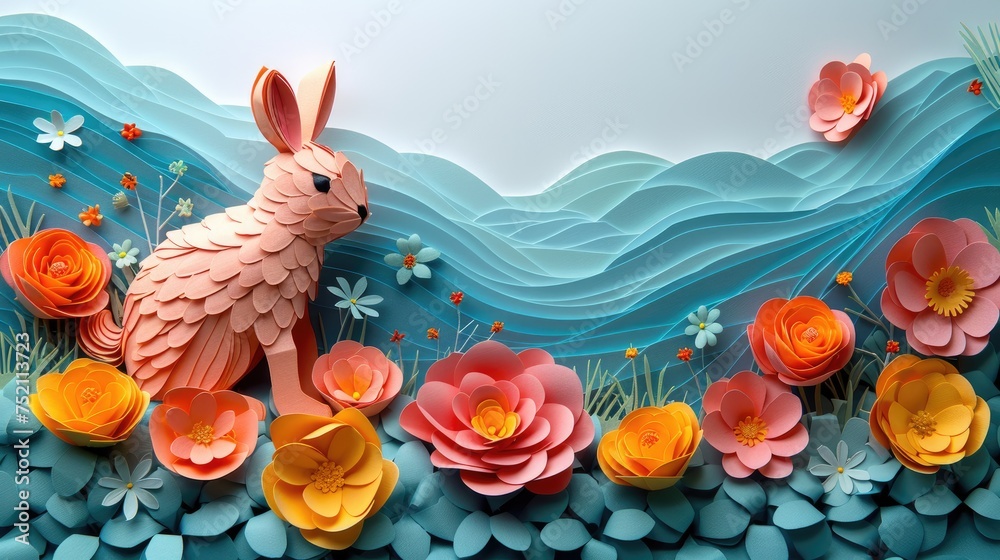 Handcrafted Easter Bunny Amidst Colorful Paper Flowers.