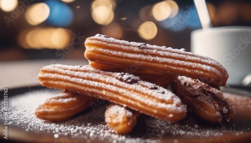 view of aesthetic churros with icing sugar and chocolatte sauce background image photo