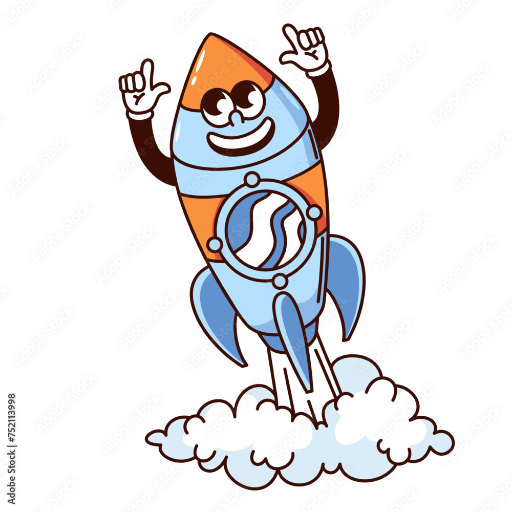 Groovy rocket cartoon character flying up into space. Funny retro happy ...