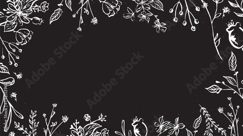 Black and white floral frame with herbs and wild flowers. Doodle design. Vector illustration
