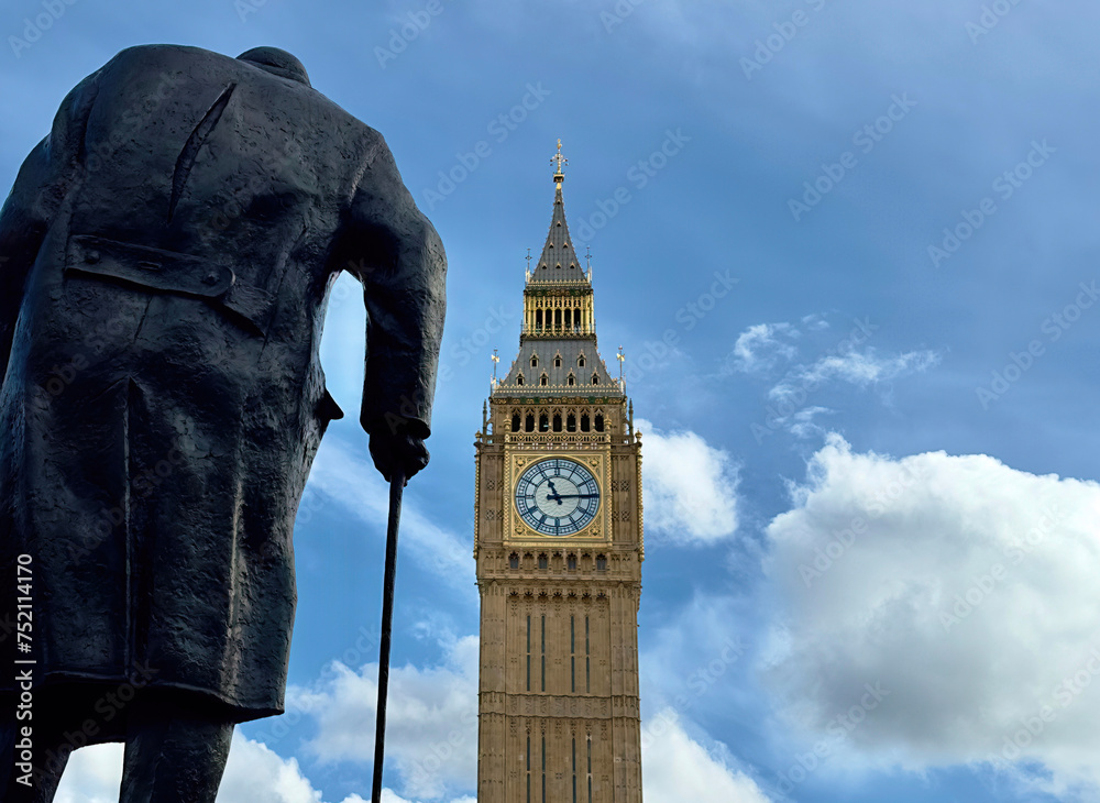 Rear view of the statue of Sir Winston Churchill overlooking Big Ben in ...