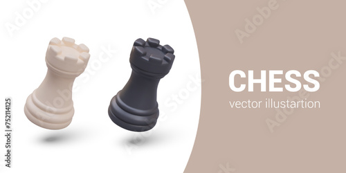 Set of chess realistic rooks of different colors. Black and white game figure