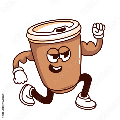 Groovy coffee cartoon character running. Funny retro cup of takeaway drink with caffeine walking, coffee break or breakfast mascot, cartoon disposable mug sticker of 70s 80s style vector illustration