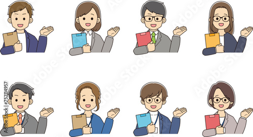 案内をする、資料を持ったスーツを着た若者たち