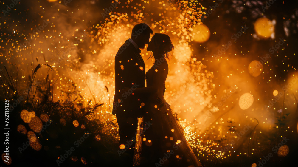 Silhouetted couple embracing amidst sparkling celebrations of love