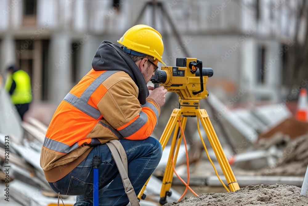 A construction worker surveys a new site through a camera to gather data for the ongoing project. A construction worker surveys a new site through a camera to gather data for the ongoing project.