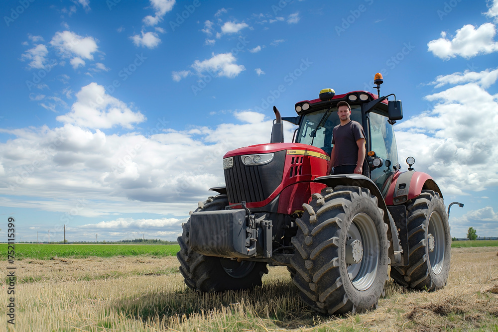 A farmer standing in front of a modern tractor in a field on a sunny day. A farmer standing in front of a modern tractor in a field on a sunny day.