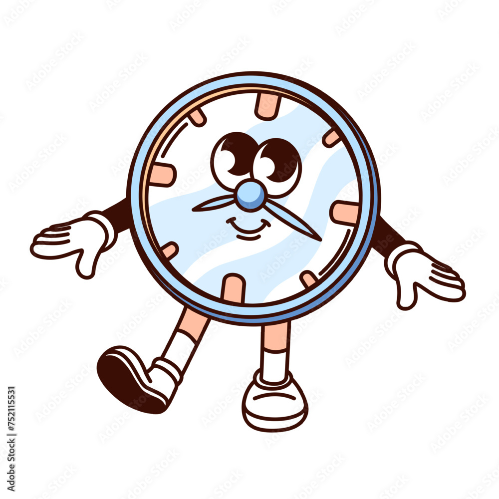 Groovy clock cartoon character with arrows on dial and cute face. Funny retro clock walking with friendly expression, time and deadline mascot, cartoon sticker of 70s 80s style vector illustration Groovy clock cartoon character with arrows on dial and cute face. Funny retro clock walking with friendly expression, time and deadline mascot, cartoon sticker of 70s 80s style vector illustration