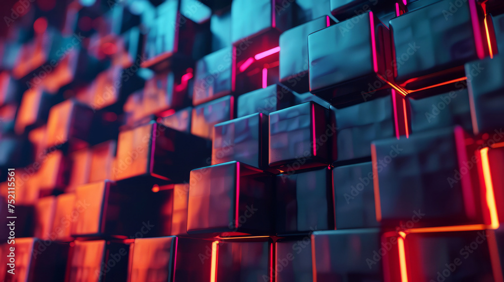 Futuristic glossy 3D cubes with neon lights in an abstract composition - obrazy, fototapety, plakaty 