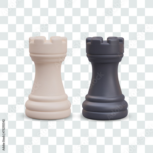 Black and white chess rook. Realistic isolated game figures