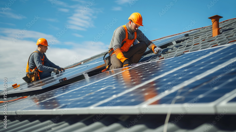 Skilled technicians installing solar panels on a residential rooftop under a clear blue sky Skilled technicians installing solar panels on a residential rooftop under a clear blue sky