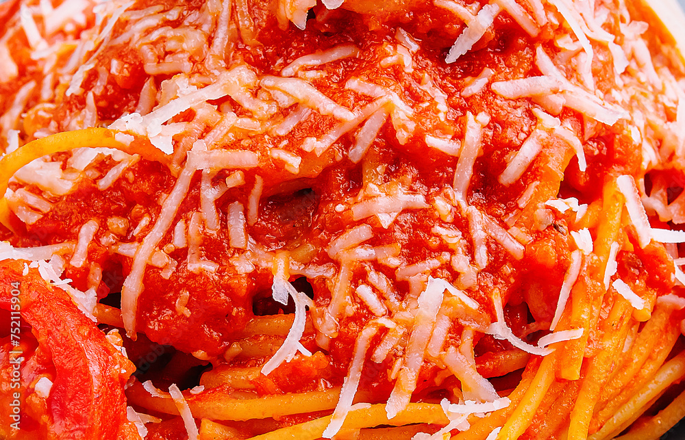 spaghetti pasta in tomato sauce and parmesan cheese spaghetti pasta in tomato sauce and parmesan cheese
