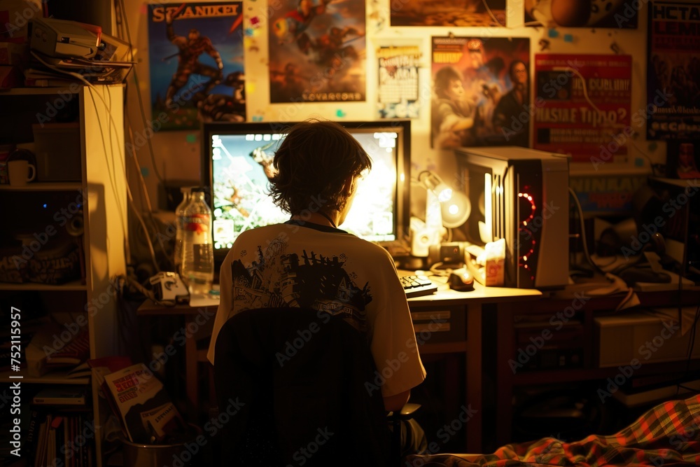 A lone gamer sits in a cozy corner of his room