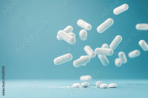 White pills gracefully fall through the air against a serene blue background. photo