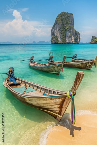 Multiple boats parked on sandy beach at Railay Beach, Krabi, Andaman Sea, Thailand.