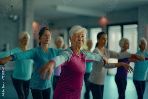 Group of senior women dancing in a dance studio during an exercise session with their physiotherapist.