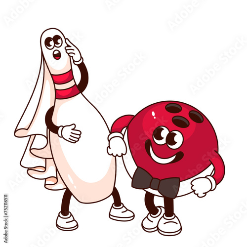 Groovy bowling pin and ball cartoon characters like bride and groom. Funny retro couple of skittles, wedding and marriage mascot, cartoon bowling game sticker of 70s 80s style vector illustration