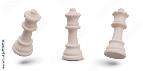 Set of 3D white chess queens in different positions. Vector objects for gameplay design, movement