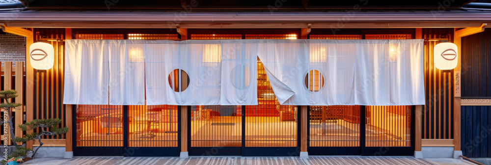 a white blank Poster banner  template curtain  hanging on the front doors of a Japanese restaurant