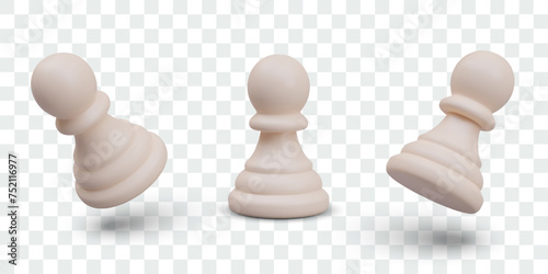 White realistic pawn. Set of chess pieces in vertical and tilted position