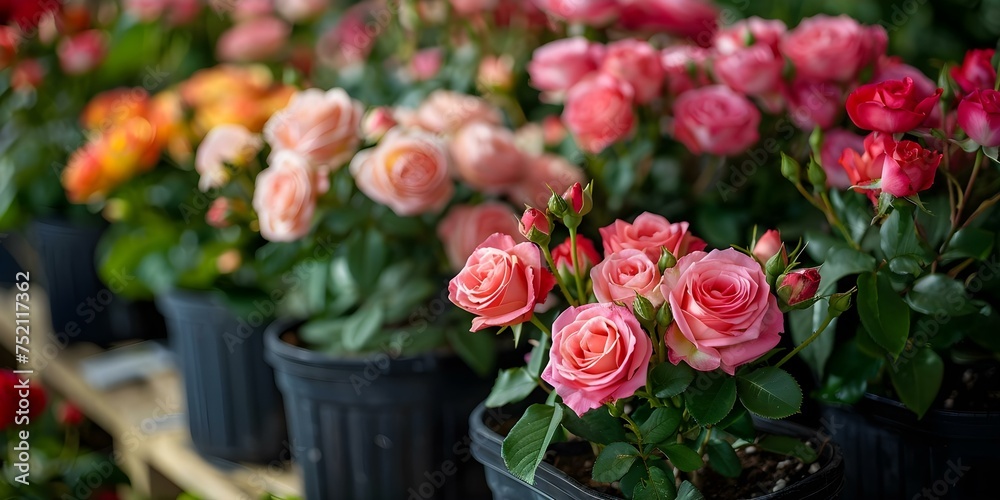 Blooming Roses: Stunning Variety in Stylish Black Planters at Nursery. Concept Roses, Flowers, Planters, Nursery, Stylish Blooming Roses: Stunning Variety in Stylish Black Planters at Nursery. Concept Roses, Flowers, Planters, Nursery, Stylish