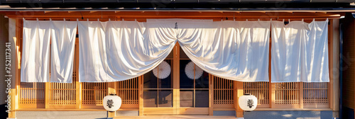 a white blank Poster banner  template curtain  hanging on the front doors of a Japanese restaurant © Planetz