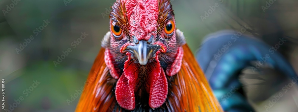 Intense Close-up Portrait of an Angry Rooster, Capturing the Fiery Spirit.